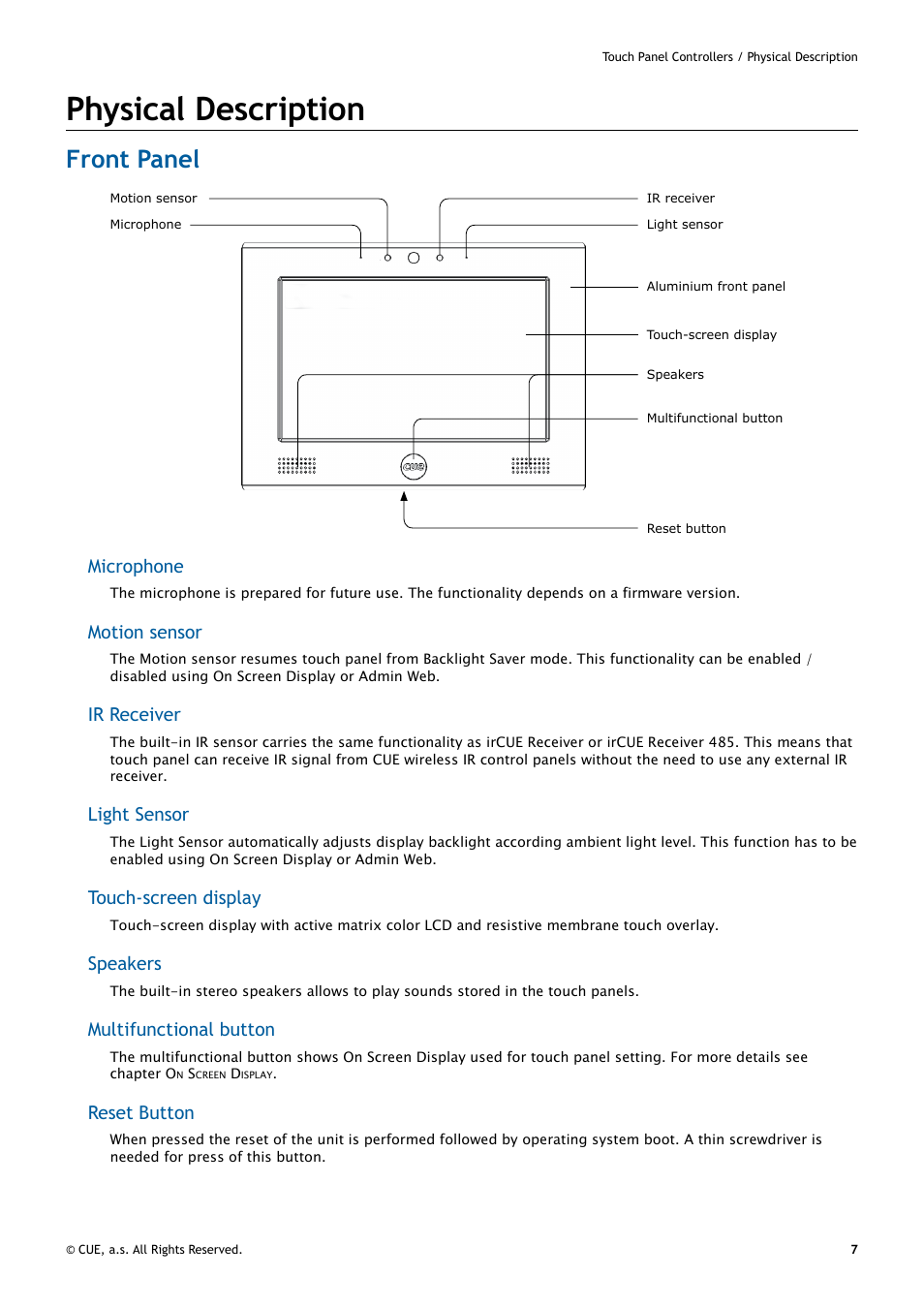 Physical description, Front panel, Microphone | Motion sensor, Ir receiver, Light sensor, Touch-screen display, Speakers, Multifunctional button, Reset button | CUE uniCUE User Manual | Page 7 / 44