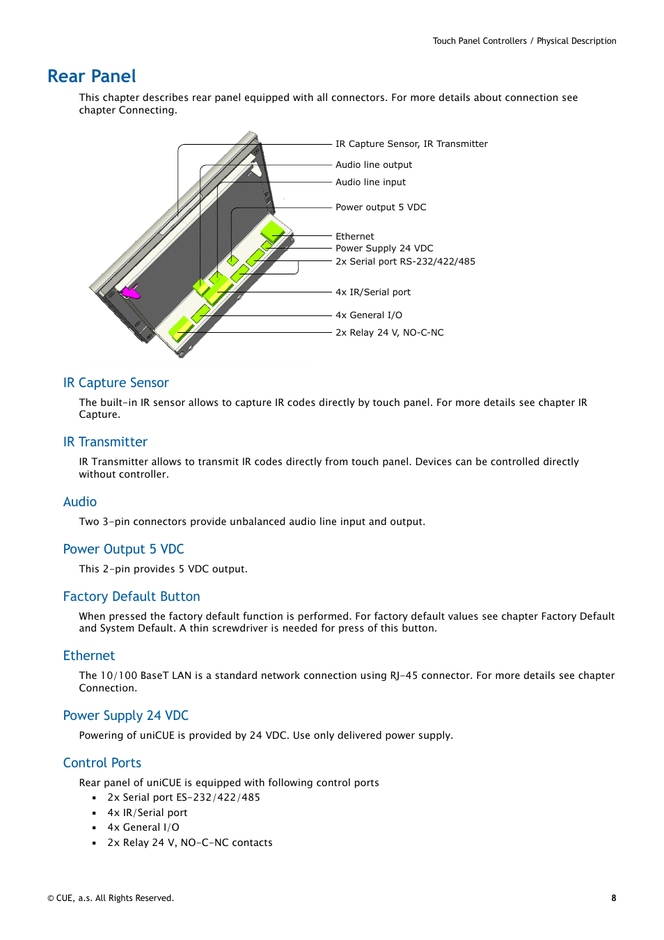 Rear panel, Ir capture sensor, Ir transmitter | Audio, Power output 5 vdc, Factory default button, Ethernet, Power supply 24 vdc, Control ports | CUE uniCUE User Manual | Page 8 / 44