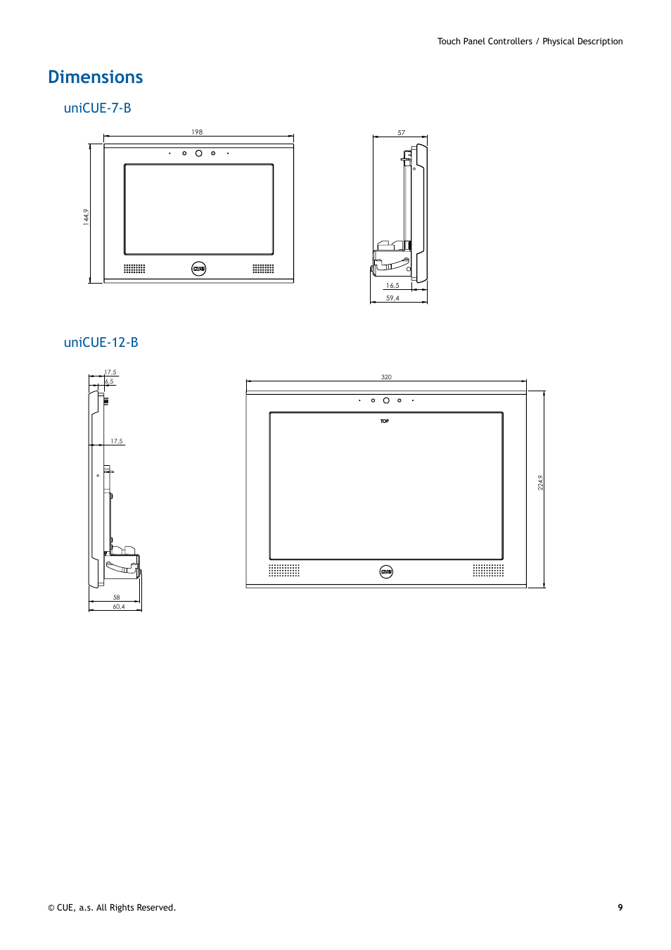 Dimensions, 9 dimensions, Unicue-7-b | Unicue-12-b, Panel sestavený | CUE uniCUE User Manual | Page 9 / 44