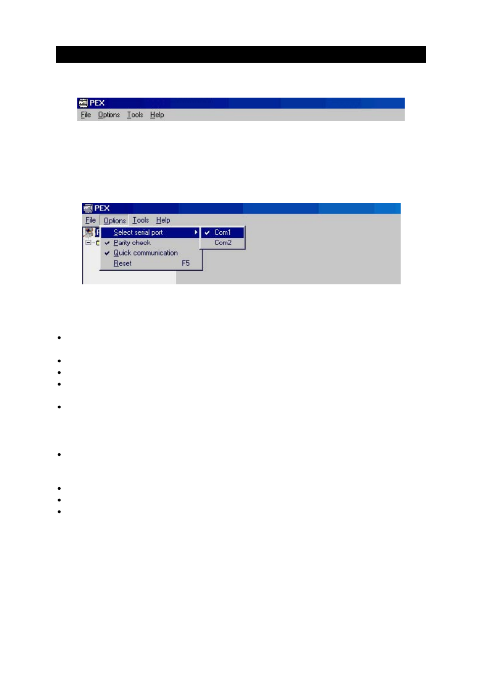 Program operating, Command menu, Selecting commands | File menu alt+f, Options menu alt+o | CUE PEX User Manual | Page 7 / 25