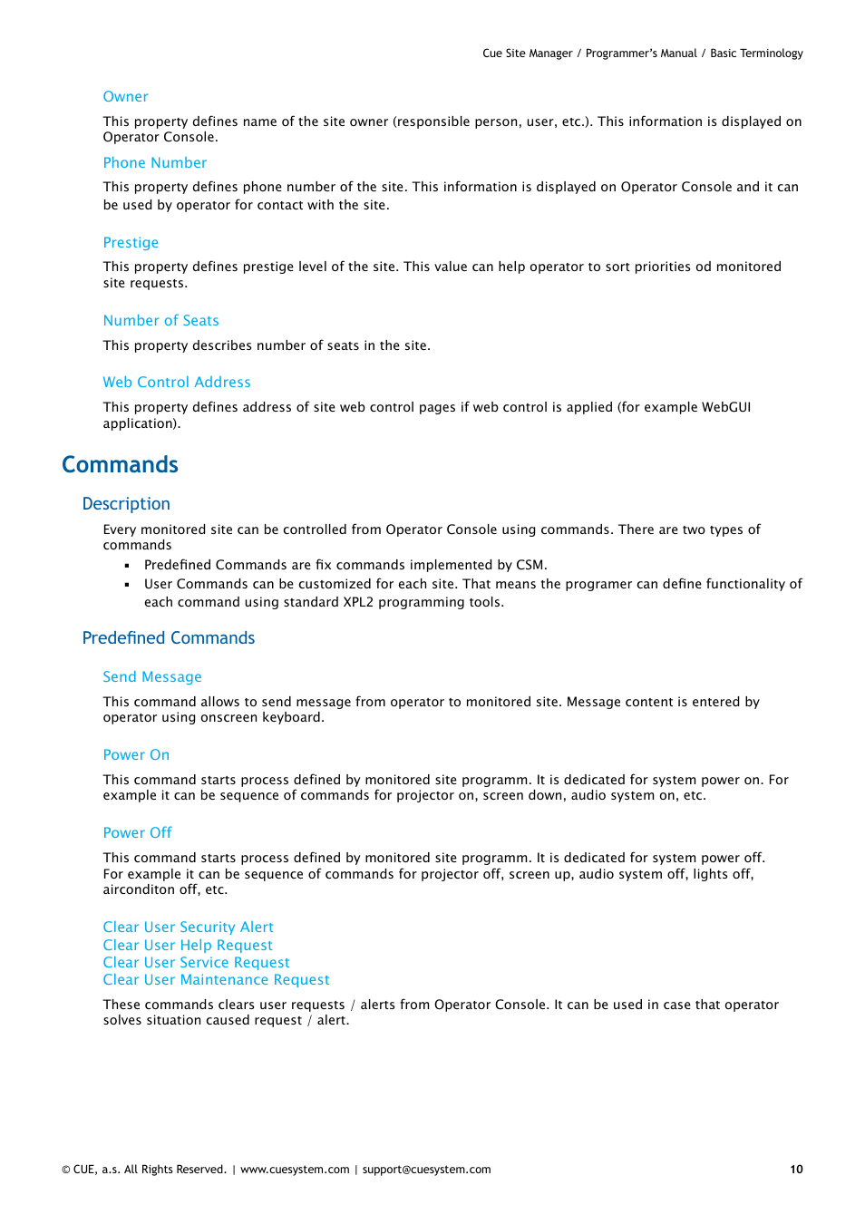 Commands, 10 commands, Description | Predefined commands | CUE CueSiteManager Programmers User Manual | Page 10 / 32