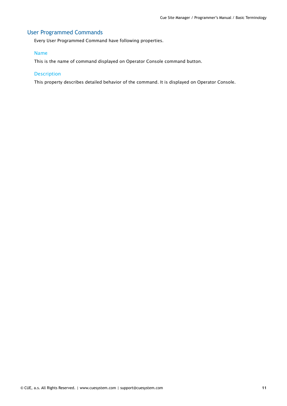User programmed commands | CUE CueSiteManager Programmers User Manual | Page 11 / 32