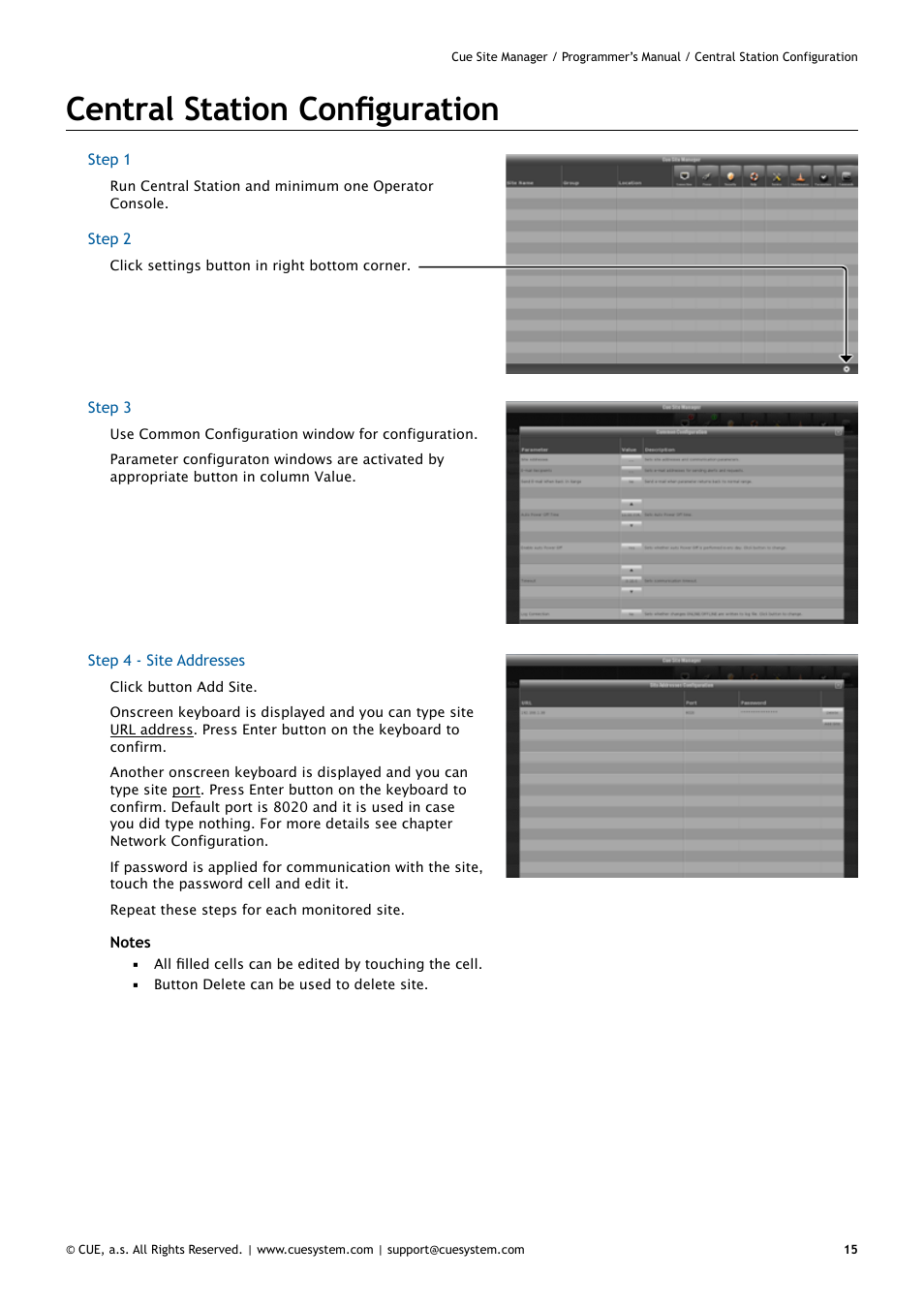 Central station configuration | CUE CueSiteManager Programmers User Manual | Page 15 / 32