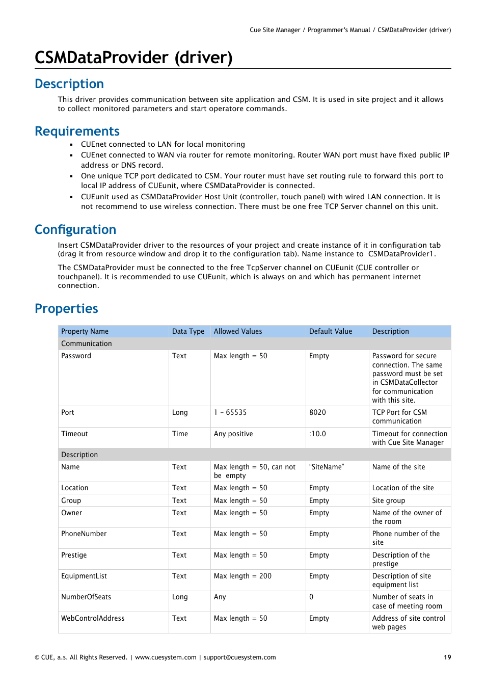 Csmdataprovider (driver), Description, Requirements | Configuration, Properties | CUE CueSiteManager Programmers User Manual | Page 19 / 32
