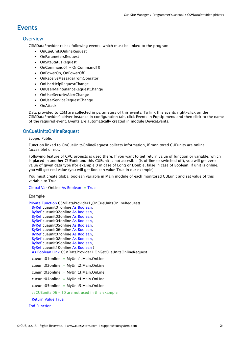Events, 21 events, Overview | Oncueunitsonlinerequest | CUE CueSiteManager Programmers User Manual | Page 21 / 32