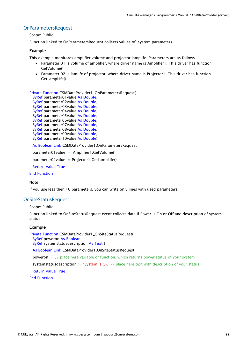 Onparametersrequest, Onsitestatusrequest | CUE CueSiteManager Programmers User Manual | Page 22 / 32