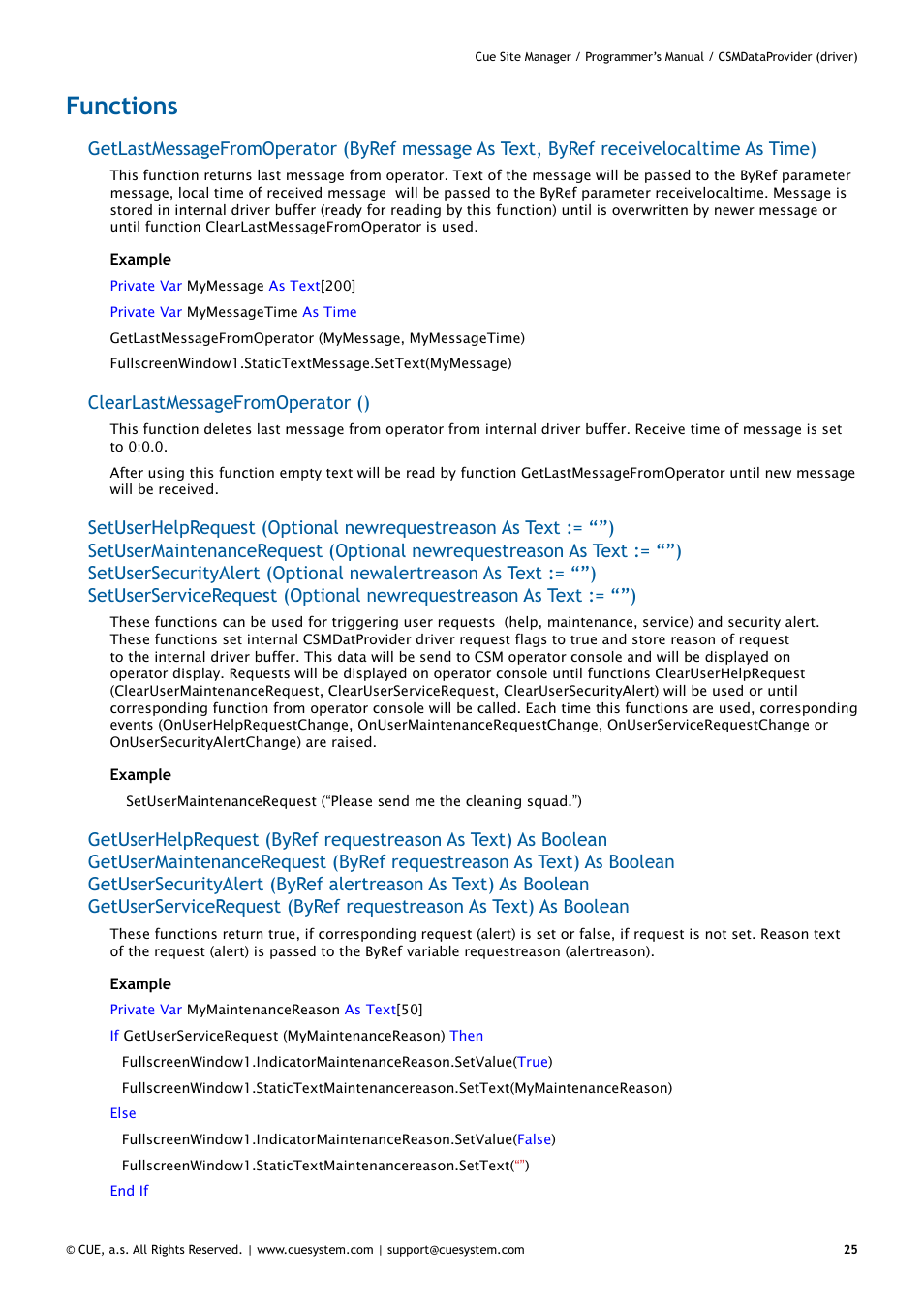 Functions, 25 functions, Clearlastmessagefromoperator () | CUE CueSiteManager Programmers User Manual | Page 25 / 32