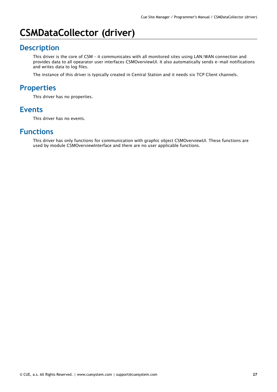 Csmdatacollector (driver), Description, Properties | Events, Functions | CUE CueSiteManager Programmers User Manual | Page 27 / 32