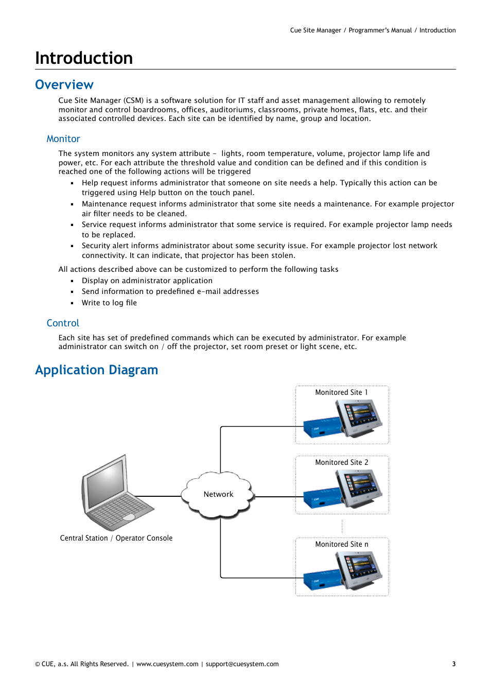 Introduction, Overview, Application diagram | 3 overview 3, Monitor, Control | CUE CueSiteManager Programmers User Manual | Page 3 / 32