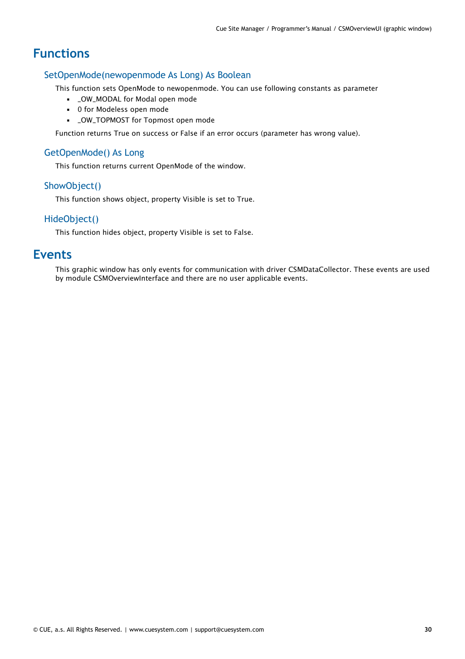 Functions, Events, 30 functions 30 events | CUE CueSiteManager Programmers User Manual | Page 30 / 32