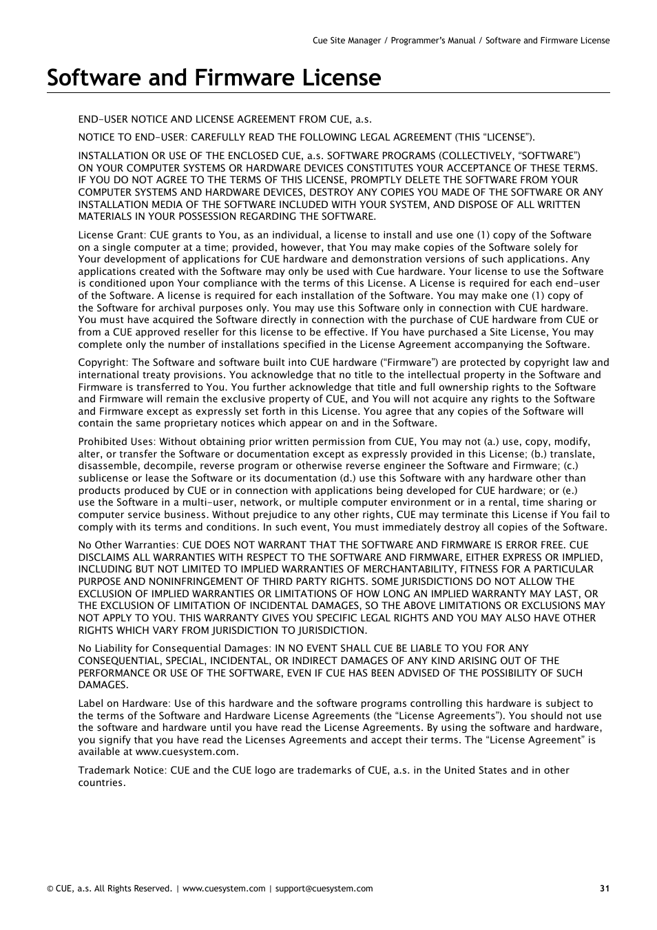 Software and firmware license | CUE CueSiteManager Programmers User Manual | Page 31 / 32