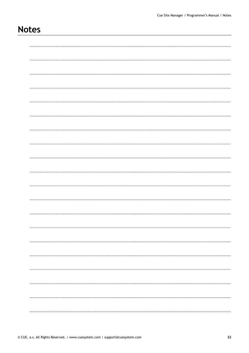 Notes | CUE CueSiteManager Programmers User Manual | Page 32 / 32