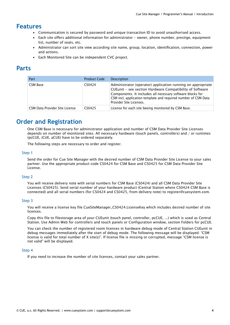Features, Parts, Order and registration | 4 features 4 parts 4 | CUE CueSiteManager Programmers User Manual | Page 4 / 32