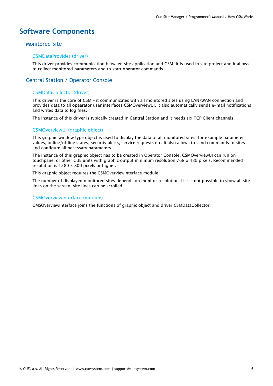 Software components, Monitored site, Central station / operator console | CUE CueSiteManager Programmers User Manual | Page 6 / 32