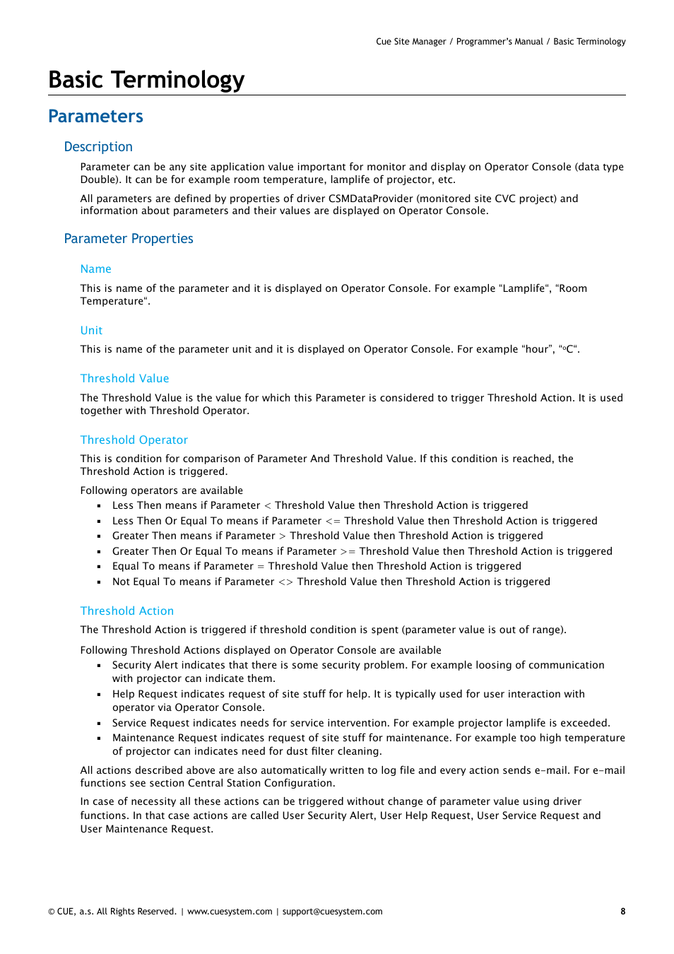 Basic terminology, Parameters, 8 parameters | Description, Parameter properties | CUE CueSiteManager Programmers User Manual | Page 8 / 32