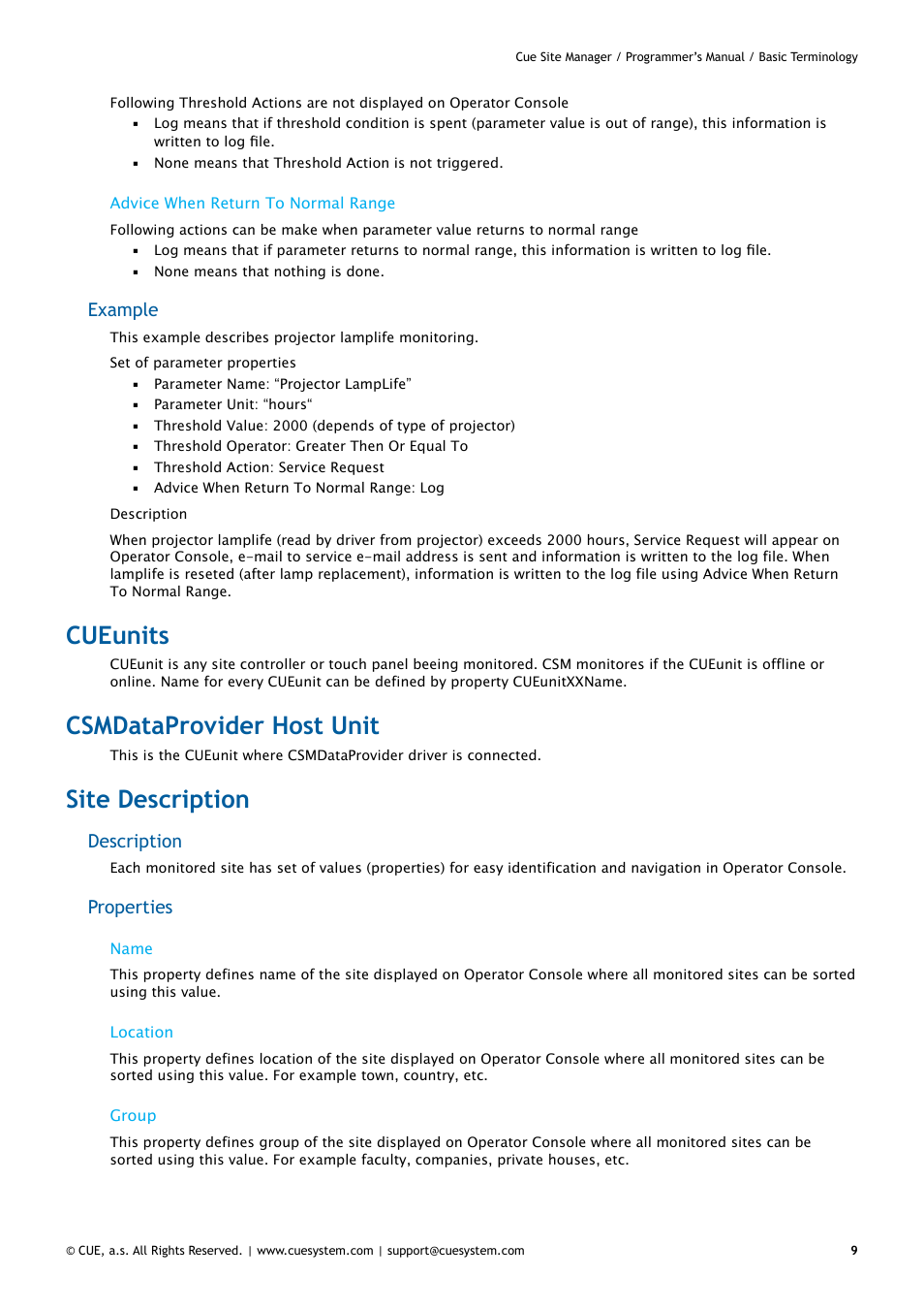Cueunits, Csmdataprovider host unit, Site description | 9 cueunits 9, Example, Description, Properties | CUE CueSiteManager Programmers User Manual | Page 9 / 32