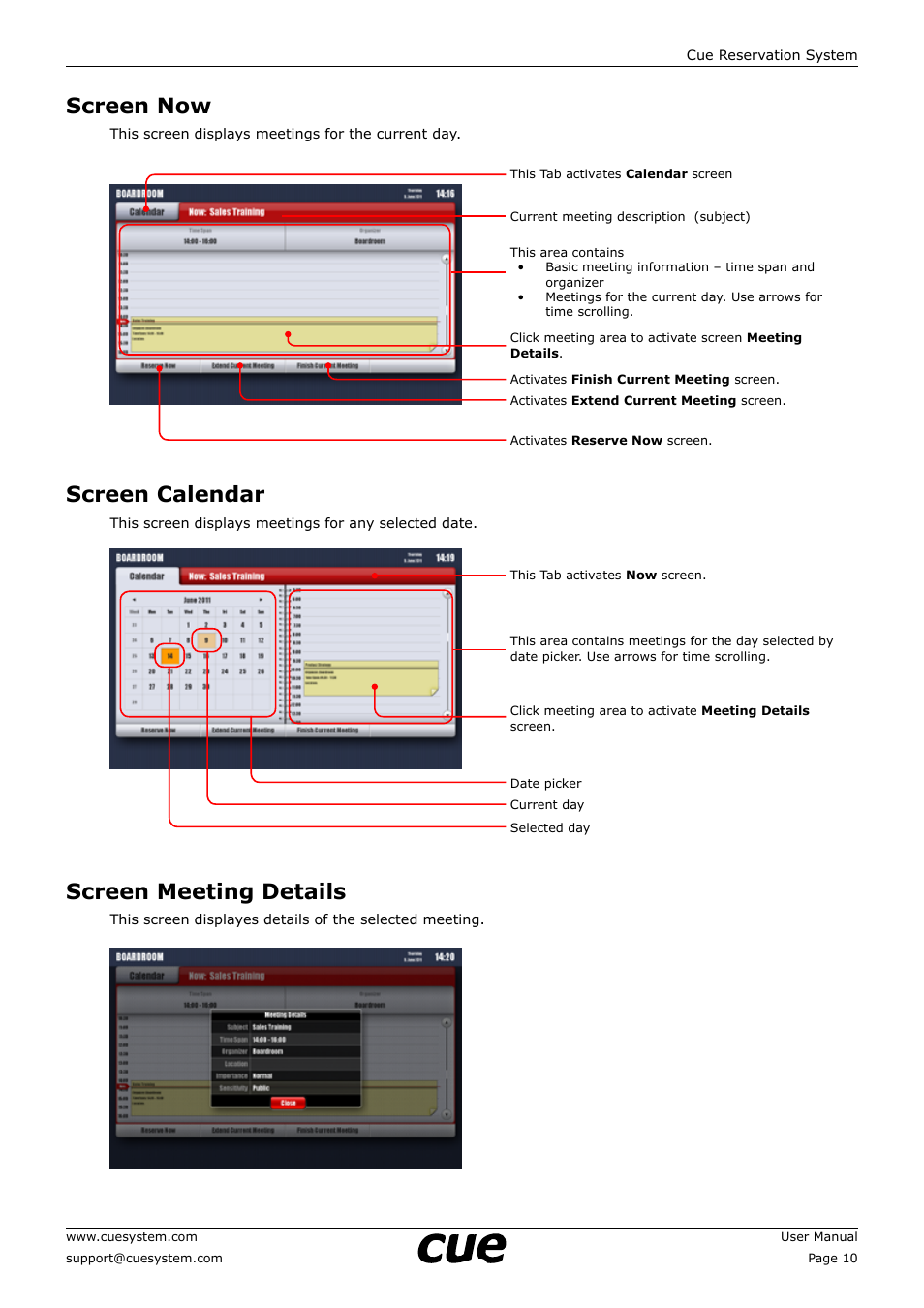 Screen now, Screen calendar, Screen meeting details | CUE Reservation System User Manual | Page 10 / 33