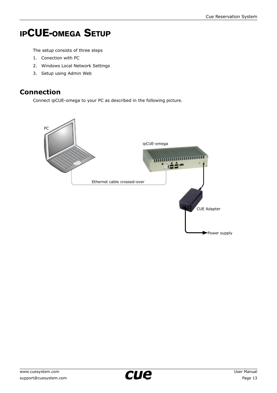 Ipcue-omega setup, Connection, Omega | Etup, 13 connection | CUE Reservation System User Manual | Page 13 / 33