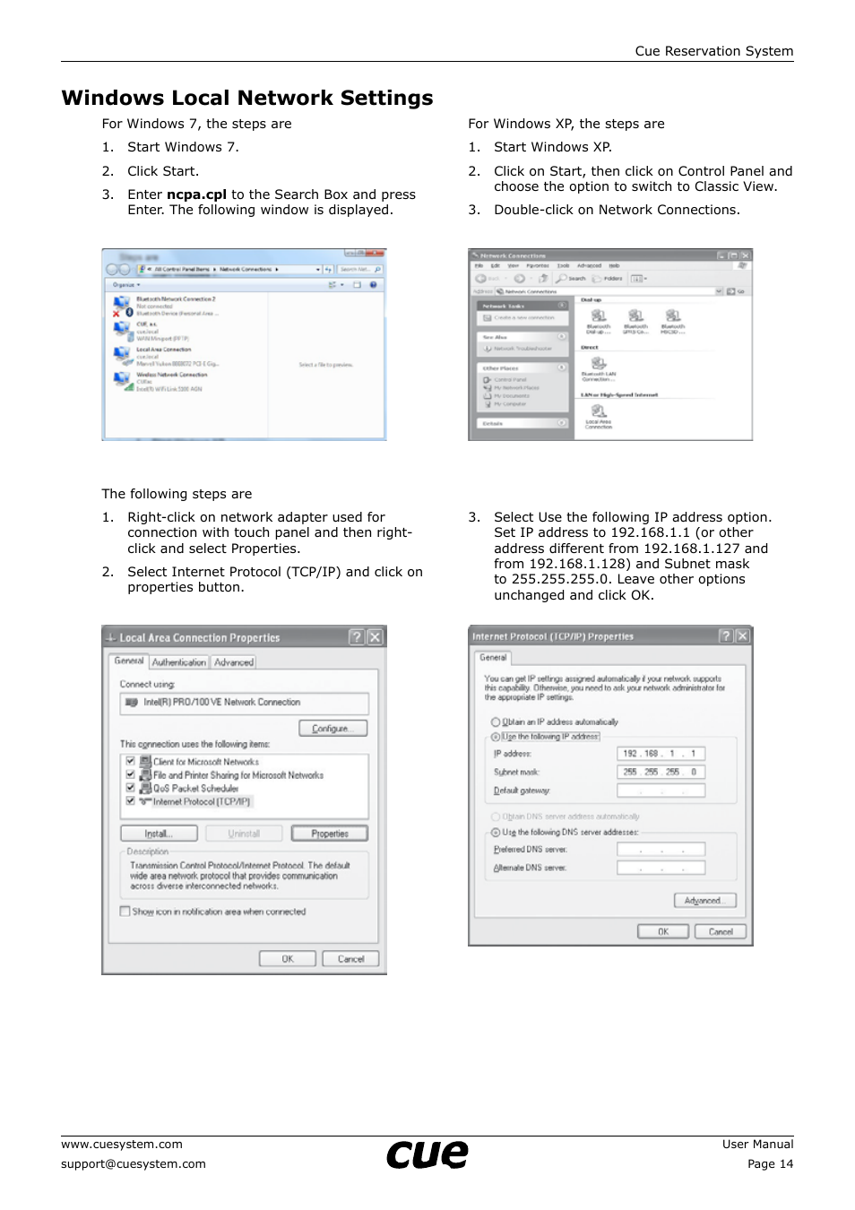 Windows local network settings, 14 windows local network settings | CUE Reservation System User Manual | Page 14 / 33