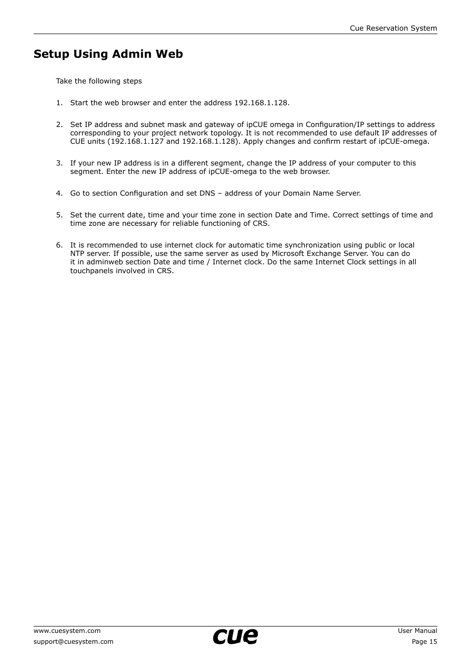 Setup using admin web, 15 setup using admin web | CUE Reservation System User Manual | Page 15 / 33