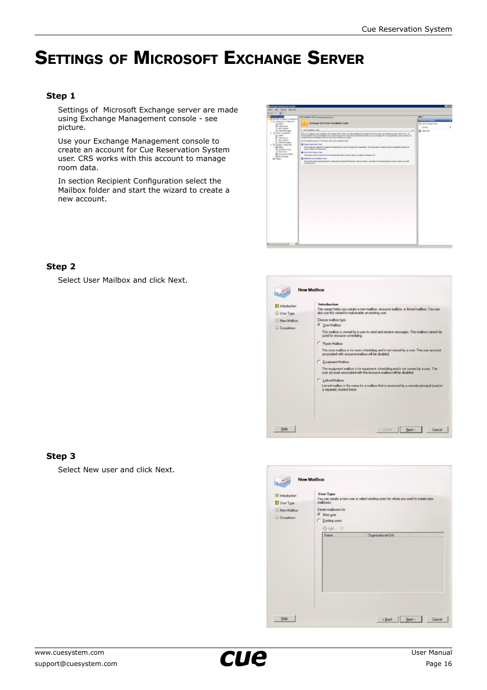 Settings of microsoft exchange server, 16 s, Ettings | Icrosoft, Xchange, Erver | CUE Reservation System User Manual | Page 16 / 33