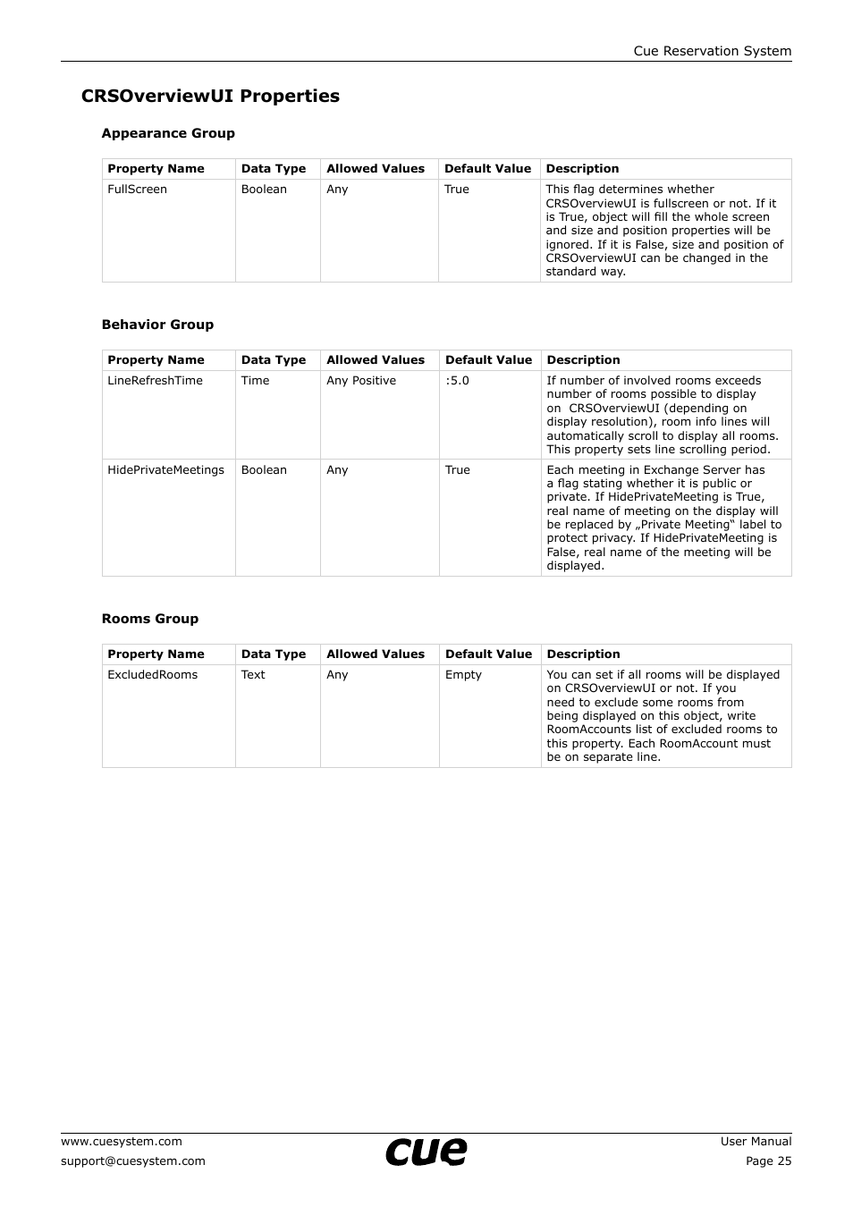 Crsoverviewui properties | CUE Reservation System User Manual | Page 25 / 33