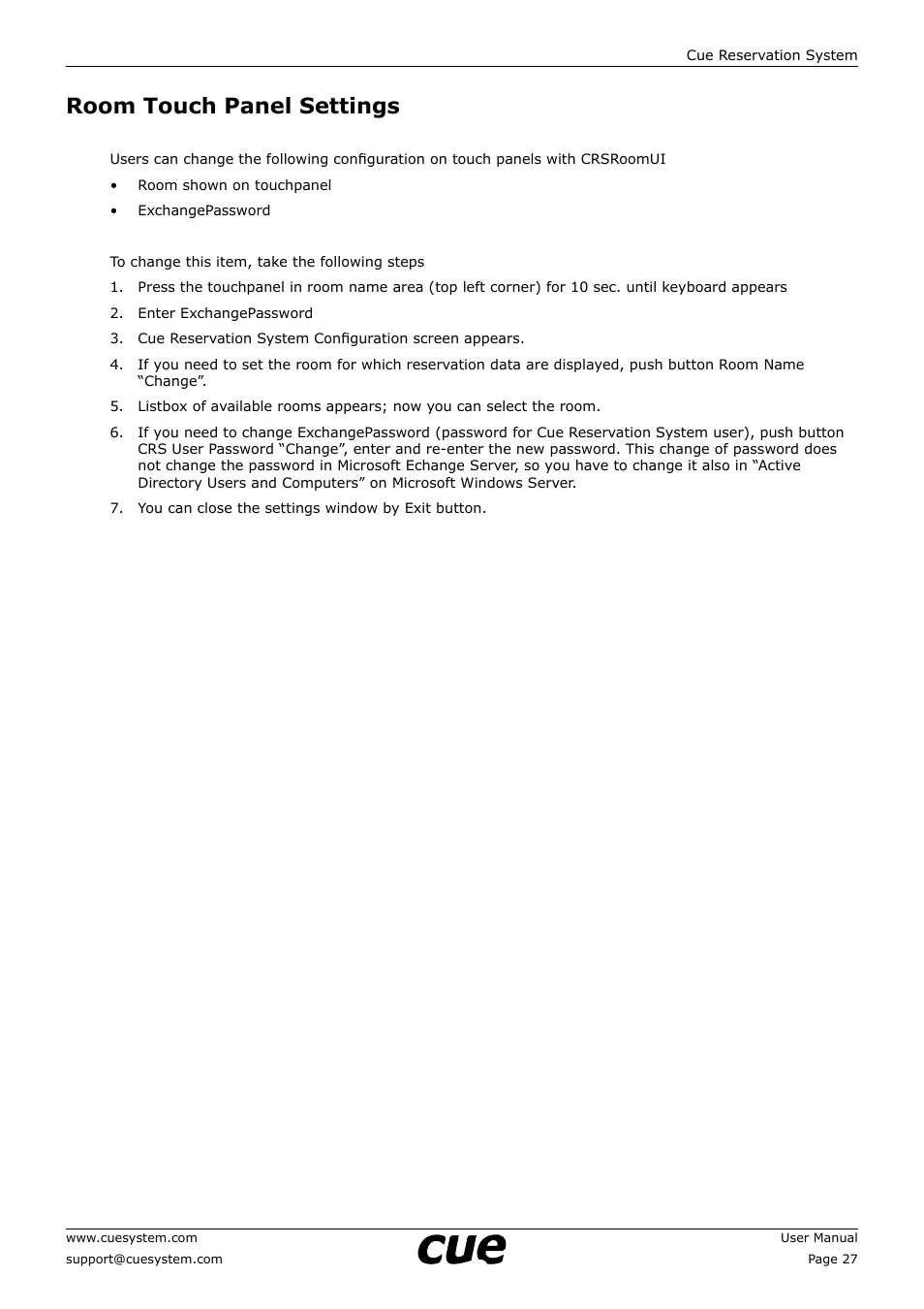 Room touch panel settings, 27 room touch panel settings | CUE Reservation System User Manual | Page 27 / 33