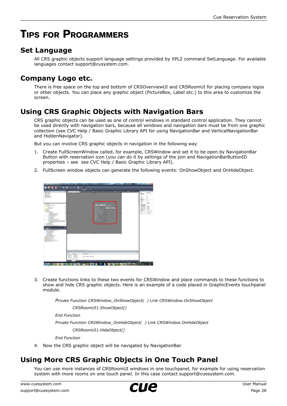 Tips for programmers, Set language, Company logo etc | Using crs graphic objects with navigation bars, Using more crs graphic objects in one touch panel, 28 t, Rogrammers | CUE Reservation System User Manual | Page 28 / 33