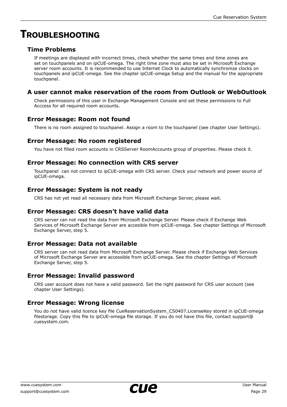 Troubleshooting, 29 t, Roubleshooting | CUE Reservation System User Manual | Page 29 / 33