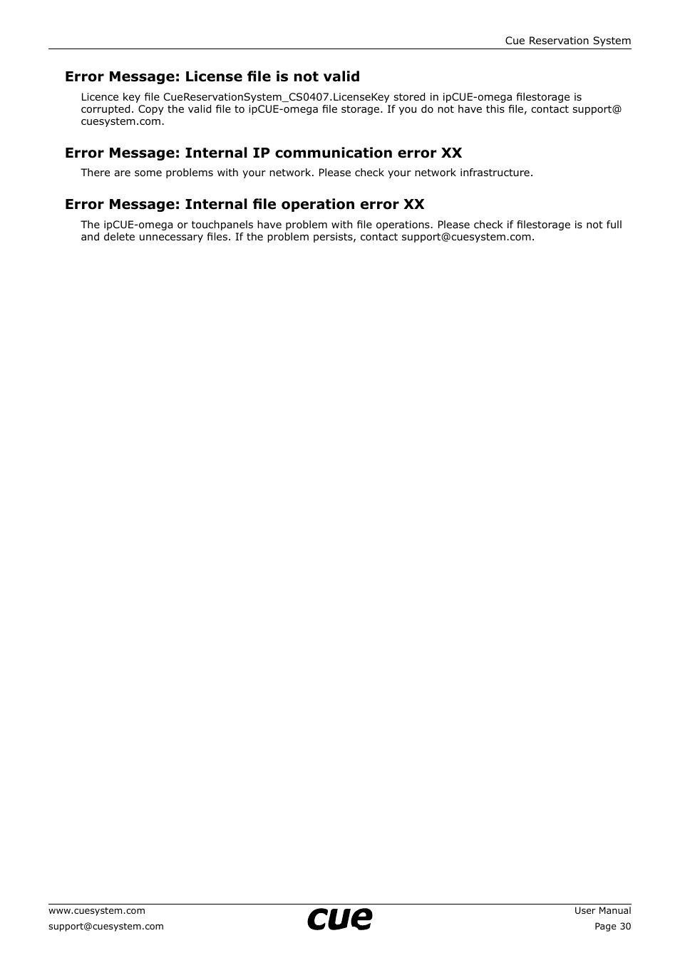 Error message: license file is not valid, Error message: internal ip communication error xx, Error message: internal file operation error xx | CUE Reservation System User Manual | Page 30 / 33