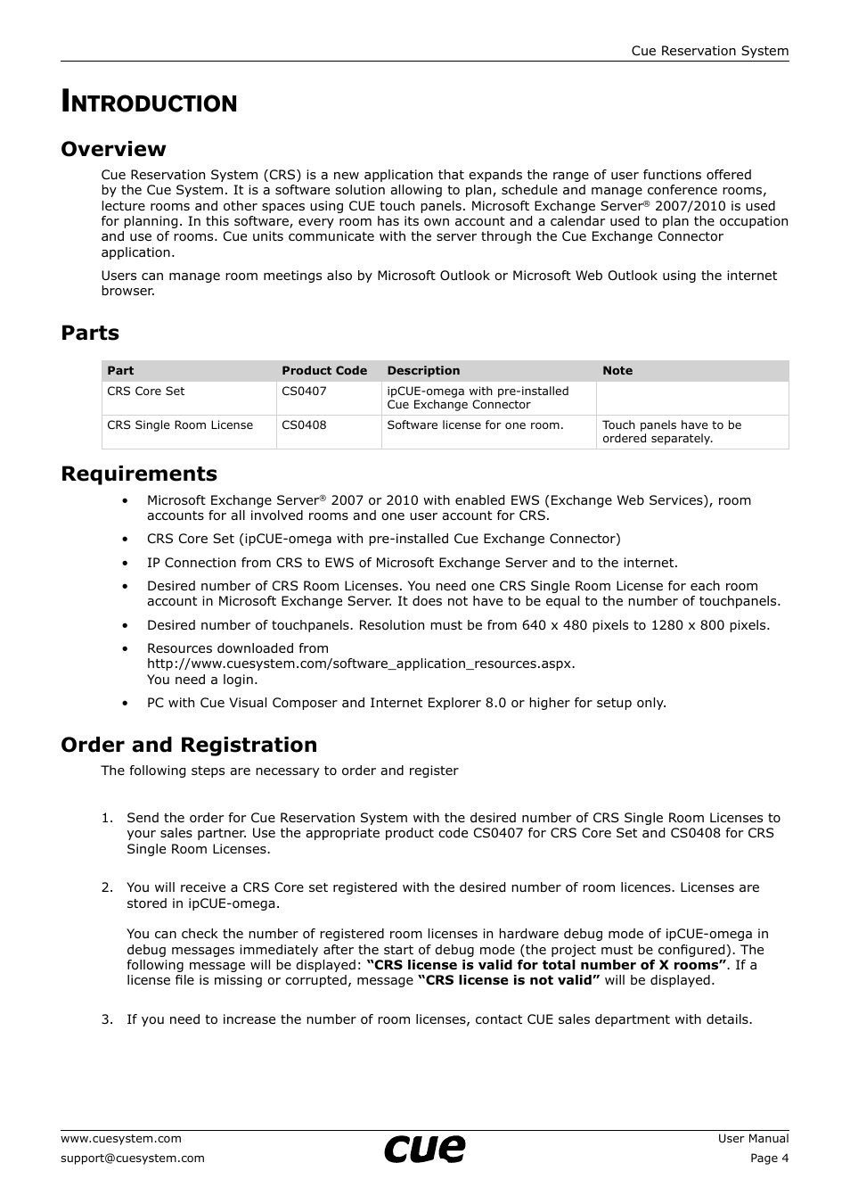 Introduction, Overview, Parts | Requirements, Order and registration, Ntroduction, 4 parts 4 requirements 4 | CUE Reservation System User Manual | Page 4 / 33