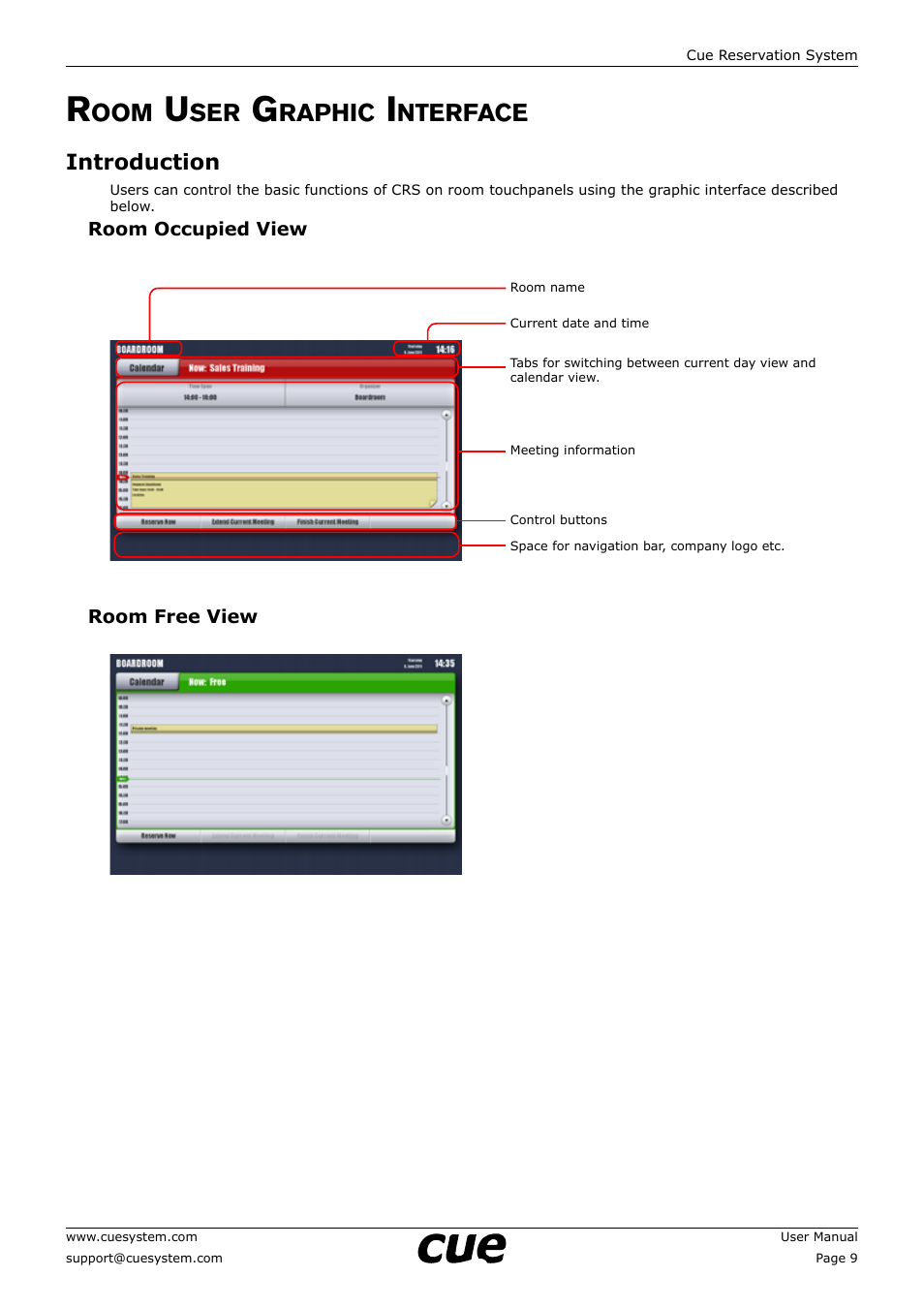 Room user graphic interface, Introduction, Raphic | Nterface, 9 introduction | CUE Reservation System User Manual | Page 9 / 33