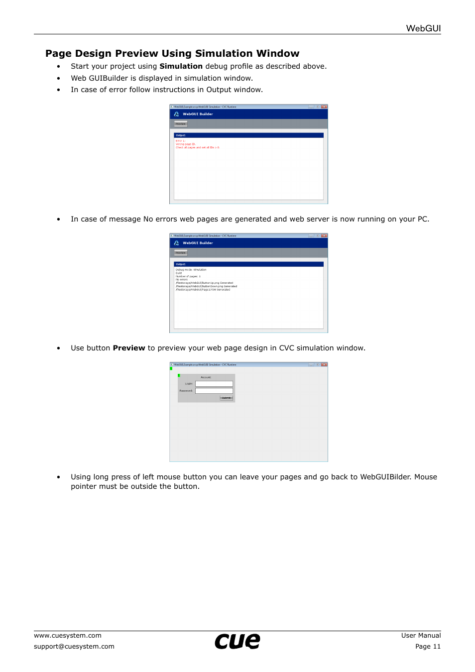 Webgui page design preview using simulation window | CUE WebGUI User Manual | Page 11 / 30