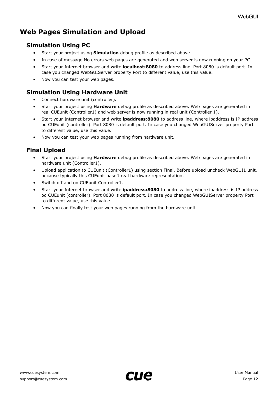 Web pages simulation and upload, Webgui, Simulation using pc | Simulation using hardware unit, Final upload | CUE WebGUI User Manual | Page 12 / 30