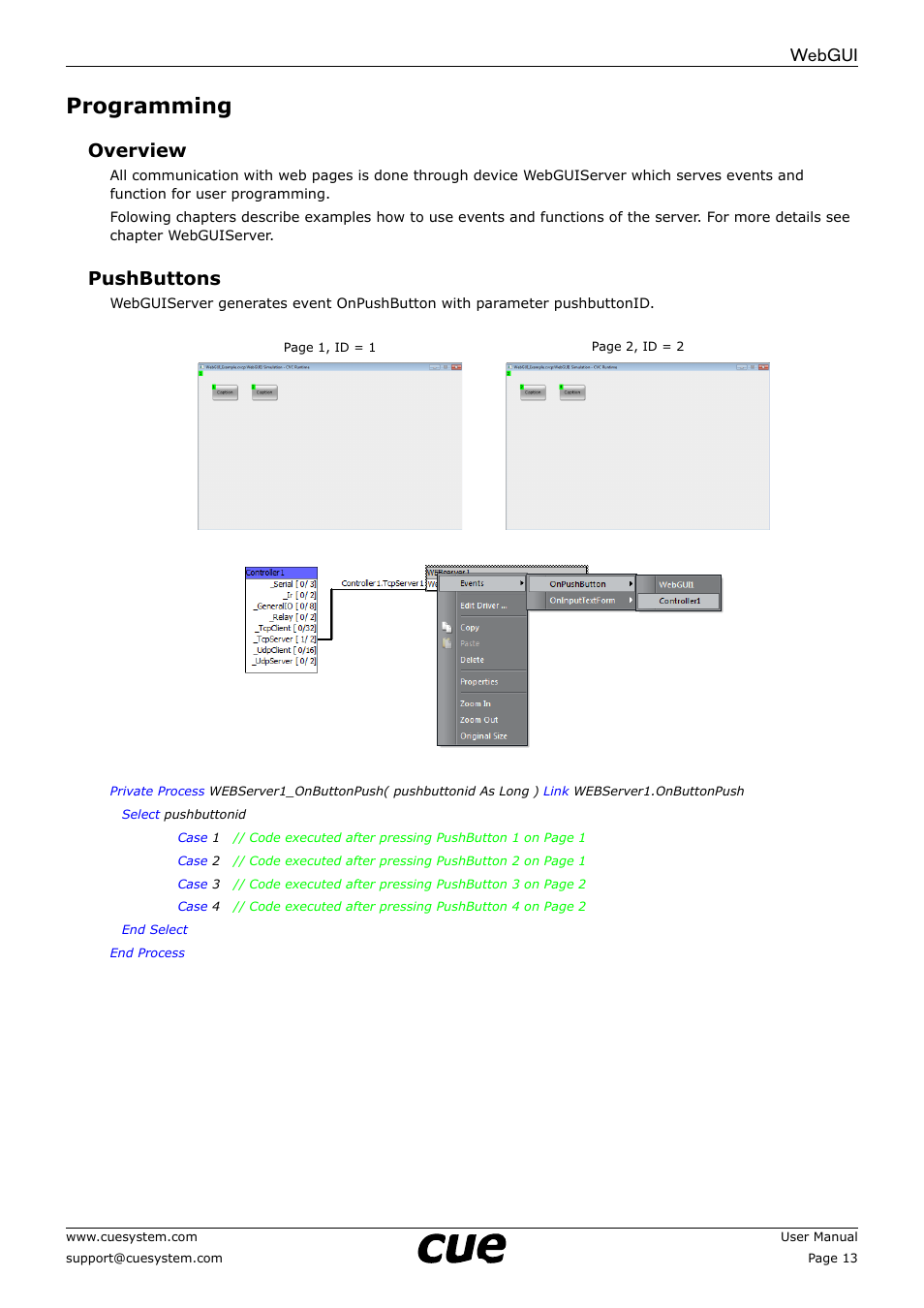 Programming, 13 programming, Webgui | Overview, Pushbuttons | CUE WebGUI User Manual | Page 13 / 30