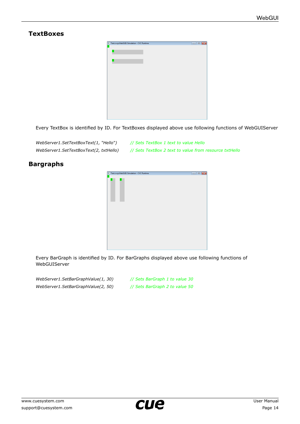 Webgui textboxes, Bargraphs | CUE WebGUI User Manual | Page 14 / 30