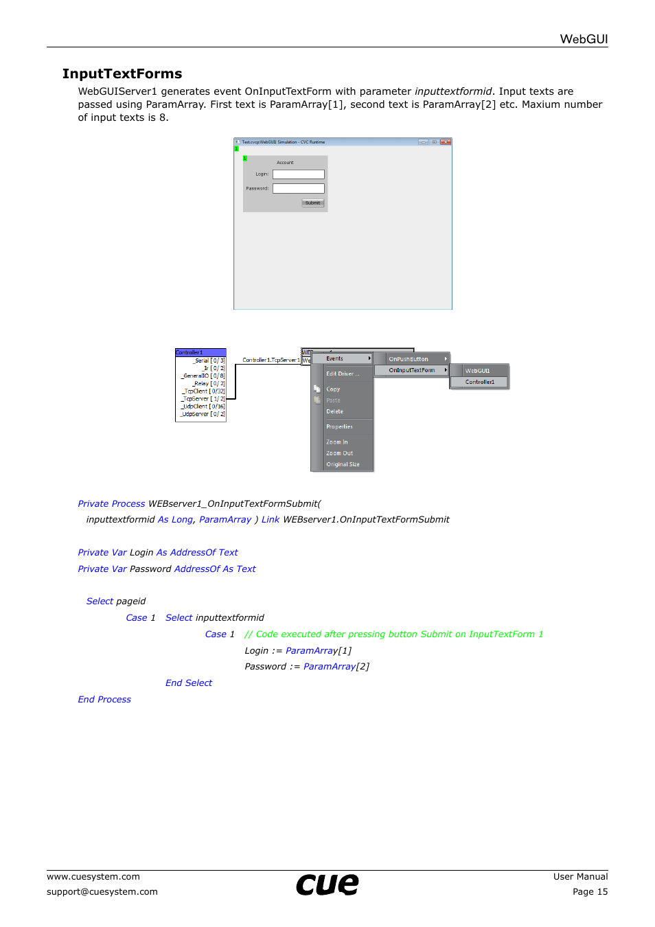 Webgui inputtextforms | CUE WebGUI User Manual | Page 15 / 30