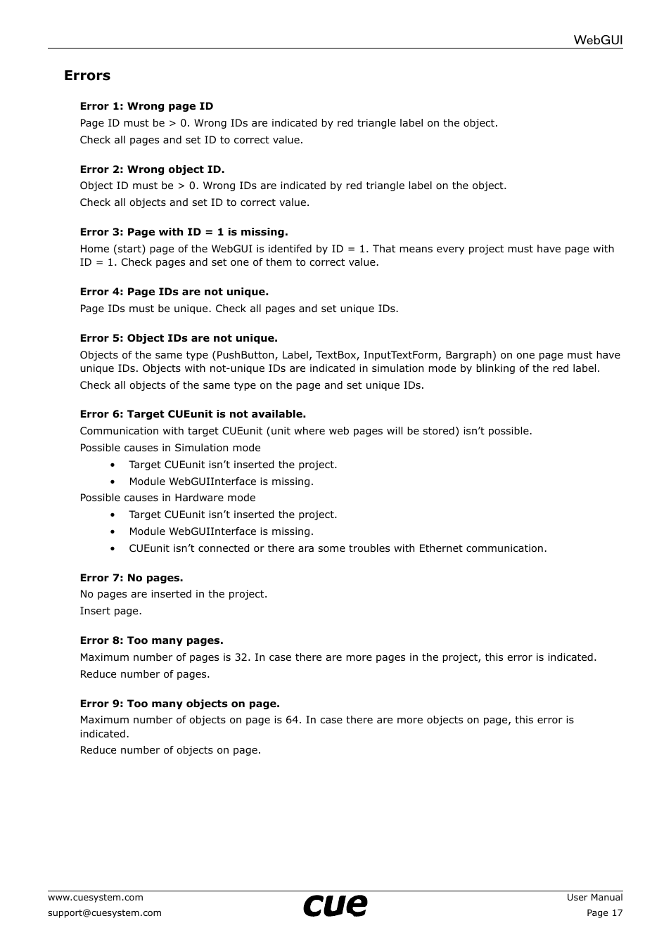 Webgui errors | CUE WebGUI User Manual | Page 17 / 30