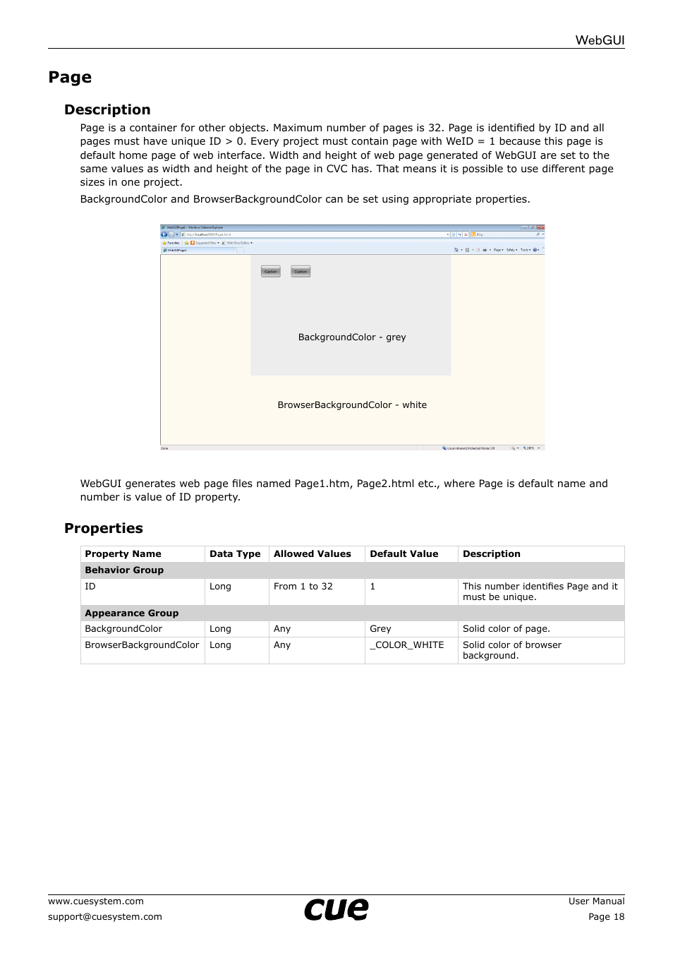 Page, Webgui, Description | Properties | CUE WebGUI User Manual | Page 18 / 30