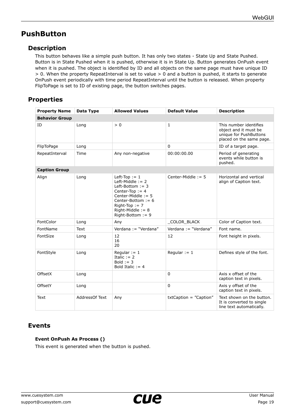 Pushbutton, 19 pushbutton, Webgui | Description, Properties, Events | CUE WebGUI User Manual | Page 19 / 30