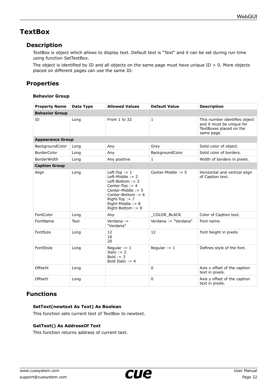 Textbox, 22 textbox, Webgui | Description, Properties, Functions | CUE WebGUI User Manual | Page 22 / 30