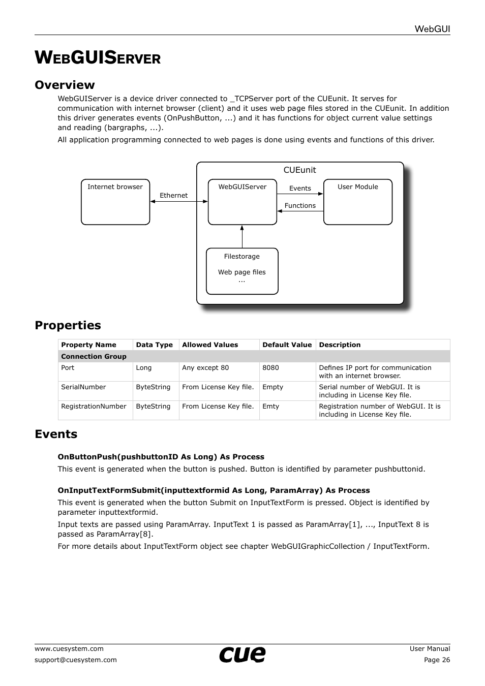 Webguiserver, Overview, Properties | Events, 26 w, Guis, Erver, 26 overview 26 properties 26 events, Webgui | CUE WebGUI User Manual | Page 26 / 30