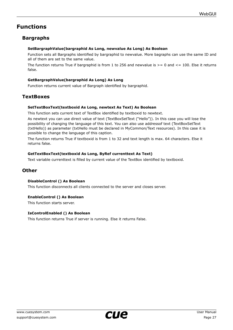 Functions, 27 functions, Webgui | Bargraphs, Textboxes, Other | CUE WebGUI User Manual | Page 27 / 30