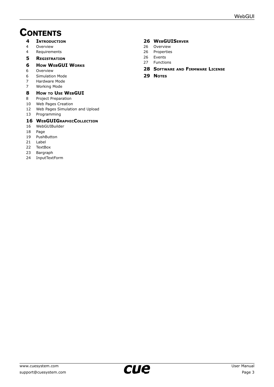 Ontents, Webgui | CUE WebGUI User Manual | Page 3 / 30