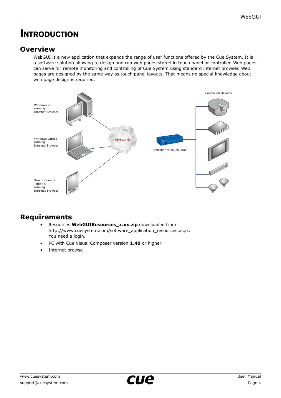 Introduction, Overview, Requirements | Ntroduction, Webgui | CUE WebGUI User Manual | Page 4 / 30