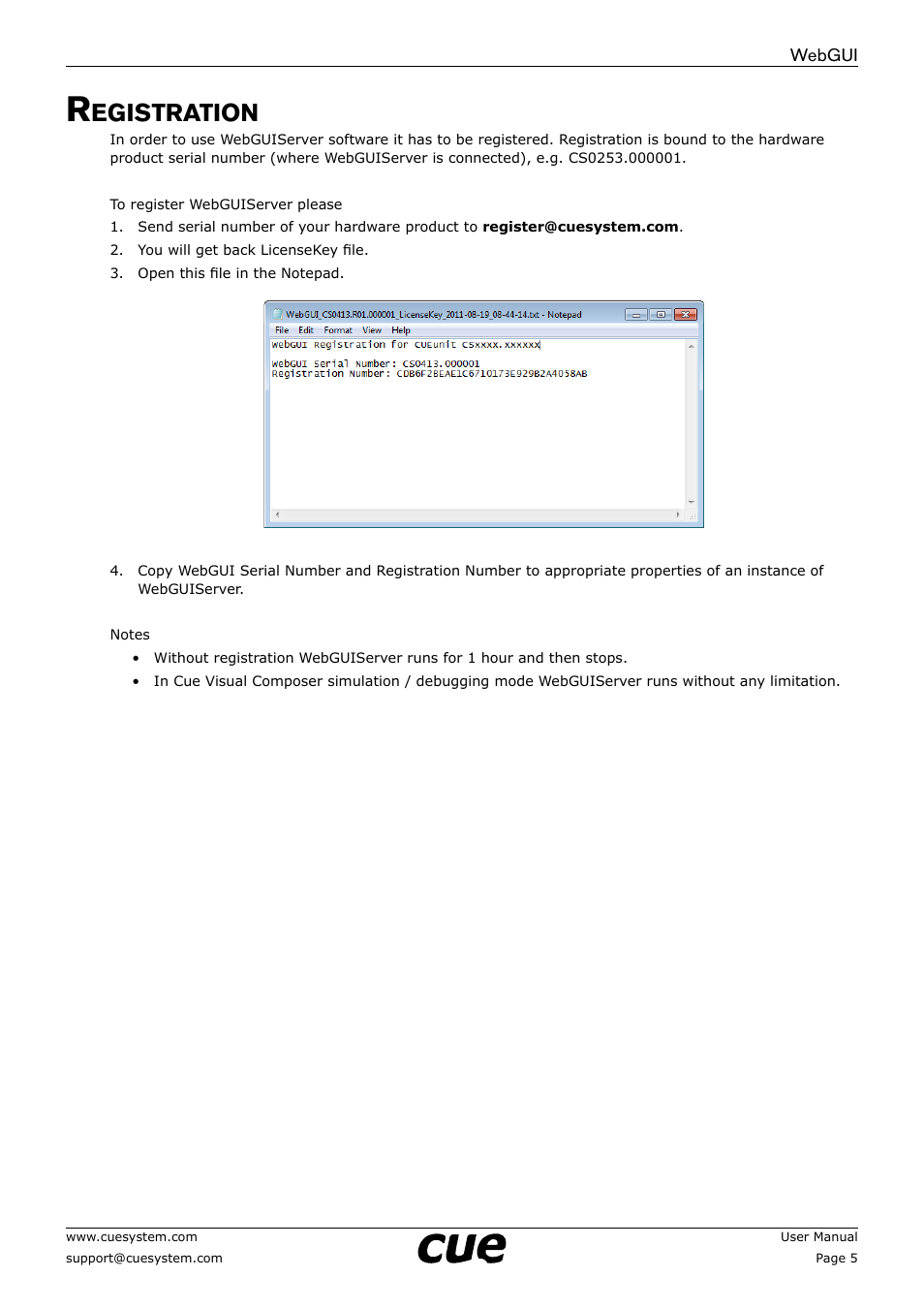 Registration, Egistration | CUE WebGUI User Manual | Page 5 / 30