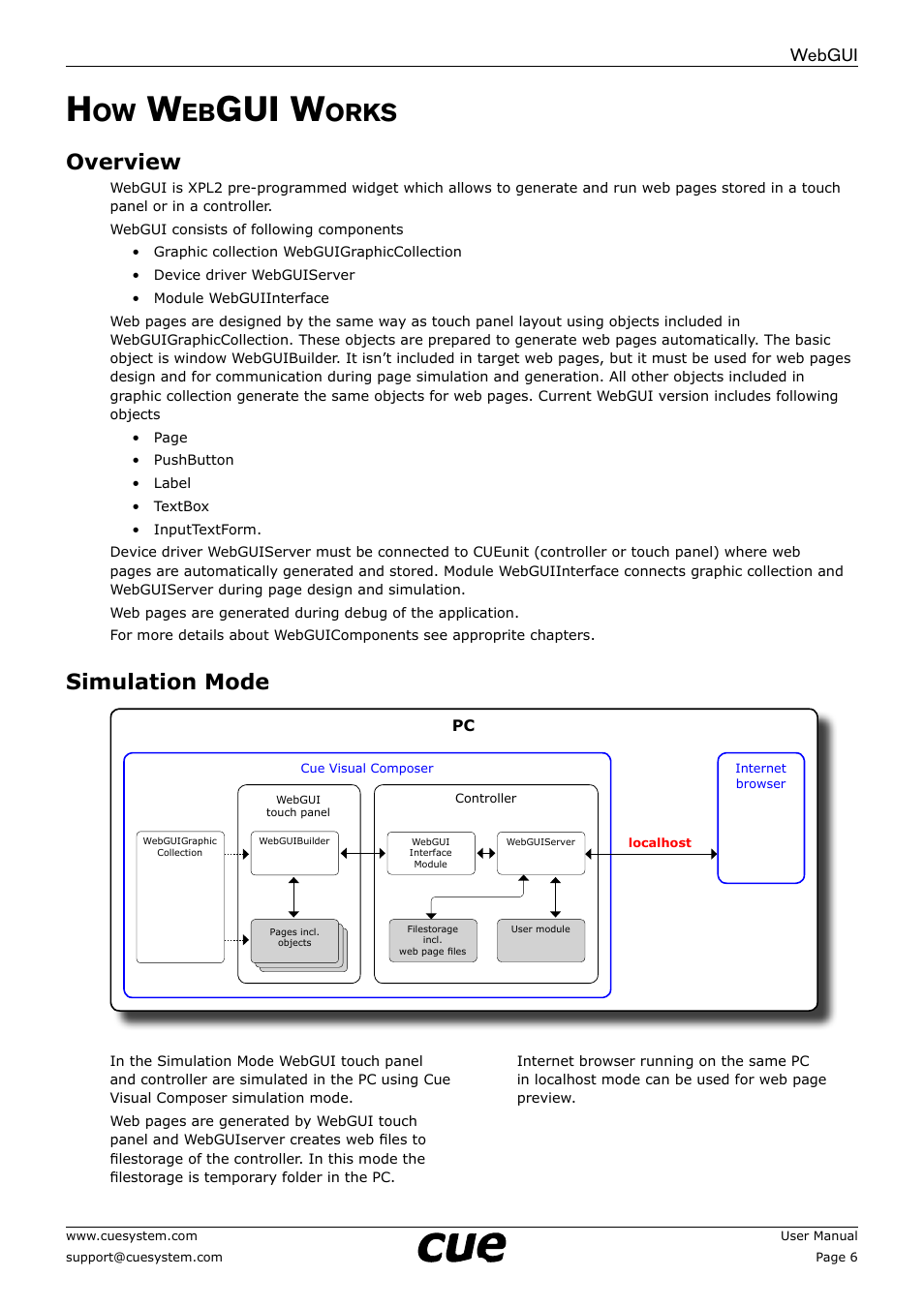 How webgui works, Overview, Simulation mode | Gui w, Orks, Webgui | CUE WebGUI User Manual | Page 6 / 30