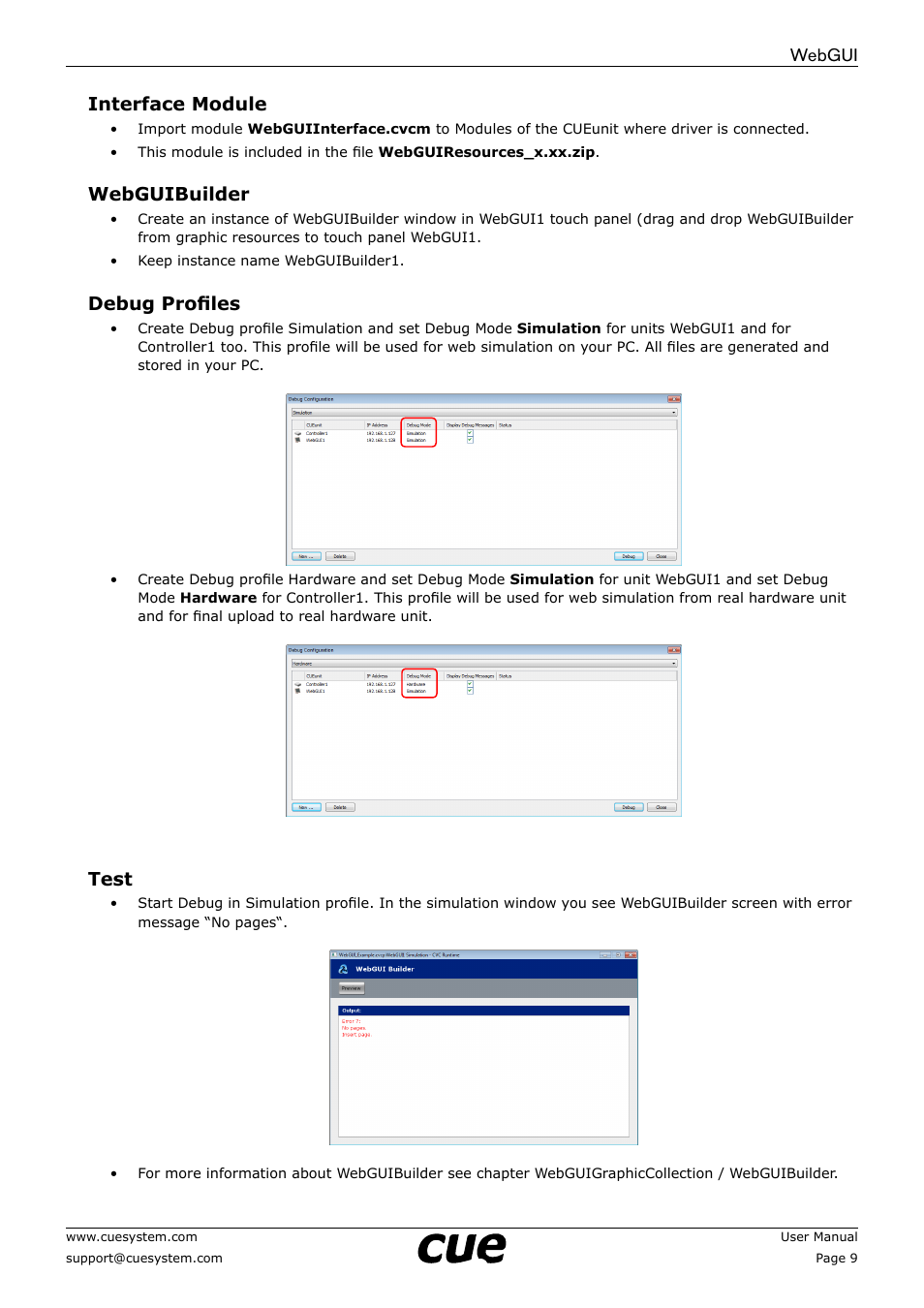 Webgui interface module, Webguibuilder, Debug profiles | Test | CUE WebGUI User Manual | Page 9 / 30