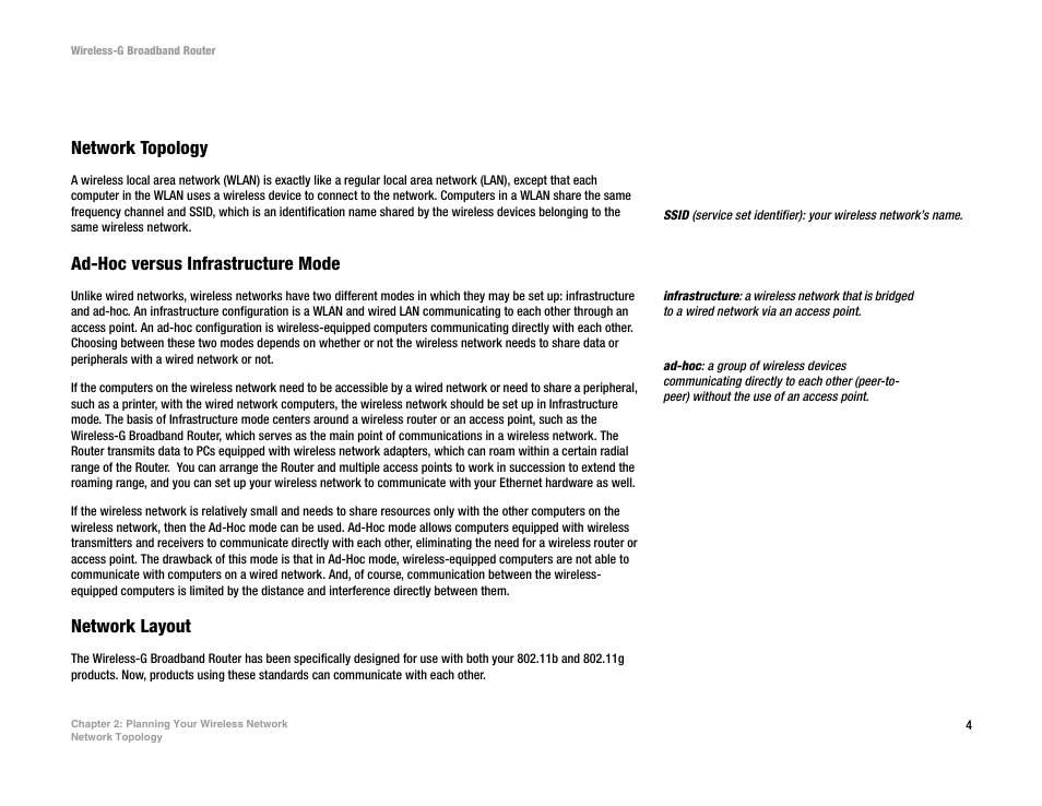 Chapter 2: planning your wireless network, Network topology, Ad-hoc versus infrastructure mode | Network layout | CUE Wi-Fi Access Point WRT54GL User Manual | Page 12 / 107