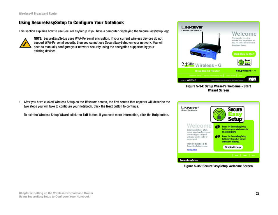 Using secureeasysetup to configure your notebook | CUE Wi-Fi Access Point WRT54GL User Manual | Page 37 / 107